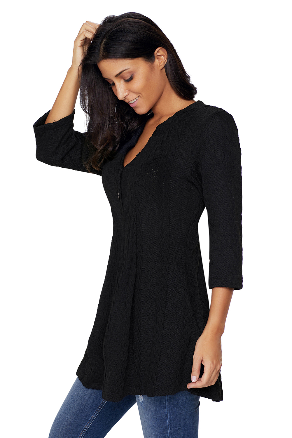 BY27750-2 Black Cable Knit Button Neck Swingy Tunic